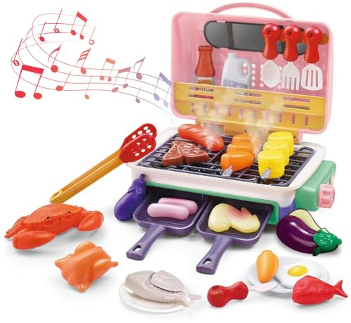 NASSMOSSE Kids BBQ Grill Playset Funny Realistic Play Kitchen Set with Pretend Smoke, Light, Sound & Color-Changing Food for Boys Girls Kids