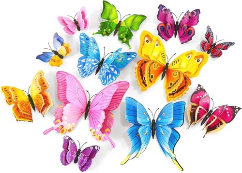 UCLEVER Lot de 24 papillons décoratifs muraux réutilisables double couche 3D pour décorations de fête avec aimants (colorés)