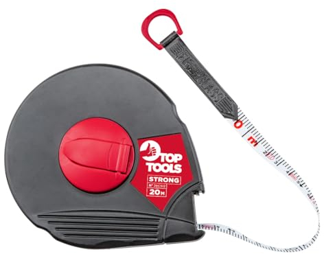 TOP TOOLS Rollbandmaß 20 m, Fallmaß, Fiberglasmaßband, Länge 20 m, Breite 12,5 mm, Endhaken, Handschlaufe, Fiberglas