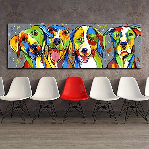 Quadro su tela 50x150 cm senza cornice Immagine di arte della parete Animali Pittura a olio Stampe su tela Cani colorati Cucciolo per soggiorno Decorazioni per la casa