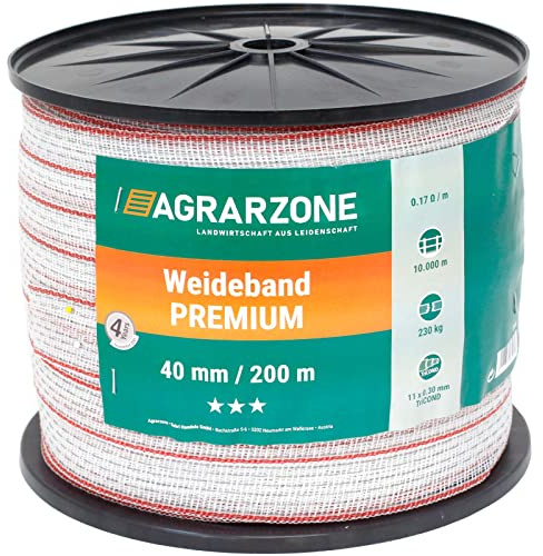 Agrarzone Betesstaket premium 200 m, 40 mm, vitrött | 11 x 0,30 TriCOND-ledare för utmärkt ledningsförmåga på elstaketet | stabilt bredband för betes-, nötkreatur och häststaket