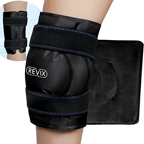 REVIX Poche de glace genou XL, Gel froid flexible réutilisable, Noir | Compresse froide genou XL avec forme enveloppante U, et maintien ajustable pour maison, sport et récupération quotidienne