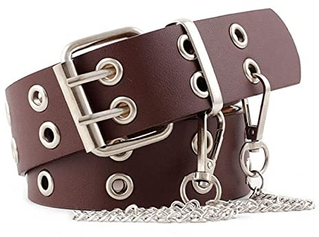 TBSCWYF Cinturón de remache con doble agujero con remache Cinturón de cuero Agujero estilo punk rock Cinturón de cuero con cadena Pantalones decorativos para hombres y mujeres con Caja de Regalo
