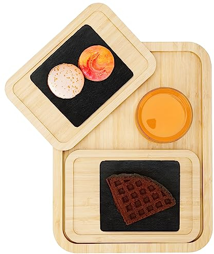 Belle Vous Lot de 3X Plateau Bambou - 2 Petits & 1 Grand Plateau Bois - Plateau de Service Bois de Bambou pour Buffets, Boissons, Petit Déjeuner/Dîner & Plus - Plats et Plateaux Ecologiques