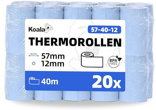 Koala Thermorollen 57mm x 40m x 12mm (20 Stück) - Kassenrollen - 57mm Thermo für Registrierkasse - Bonrollen Thermo 57mm für Bondrucker - Thermopapier – BPA Frei