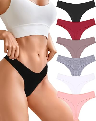 CUTE BYTE Cotton Thongs for Women 6 Pack Breathable Soft Underwear Panties
