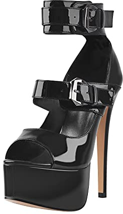 MissHeel Escarpins à plateforme à bout ouvert avec boucles et talons, Noir , 41 EU