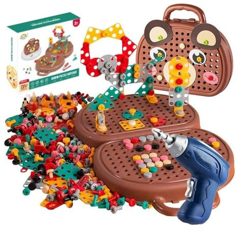 Kids Tool Set,Magic Montessori Play Toolbox,Pretend Play Tools Kit,Magic Montessori Play Toolbox Bear with Electric Drill Screw Tool Set,Creative Mosaic Puzzle Toy for Kids Ages 3-12 Years Old (Bear)