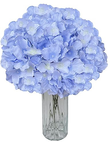 UoYeet Paquete de 10 flores artificiales de hortensias de seda: cabezas de hortensias blancas de primera calidad con tallos largos para decoración del hogar y proyectos de bricolaje, azul lago