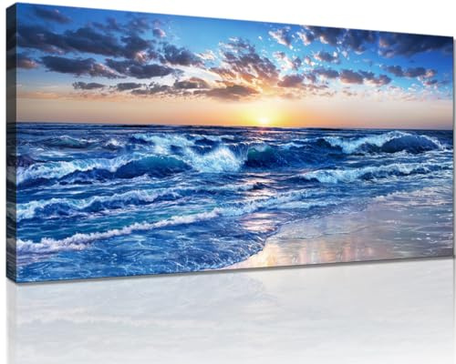 Sea Waves Canvas Prints Wall Art Ocean Beach Sunset Picture Paintings for Living Room Bedroom Home Decorations Modern Stretched and Framed Seascape Nature Blue Giclee Artwork