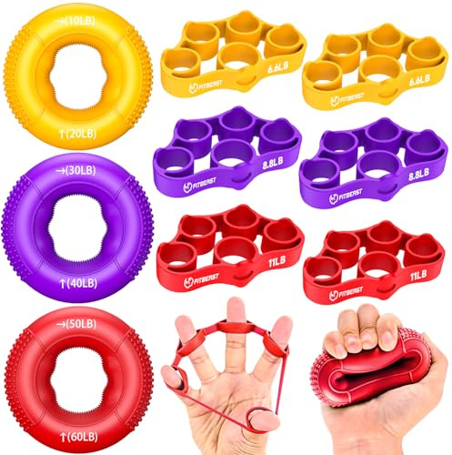 FitBeast Entrenador de Fuerza de Agarre, Ejercitador de Dedos, Fortalecedor de Antebrazo Kit - 9 Piezas, Fortalecedor de Agarre de Mano para Fuerza Dirigida, Alivio & Recuperación (Rojo)