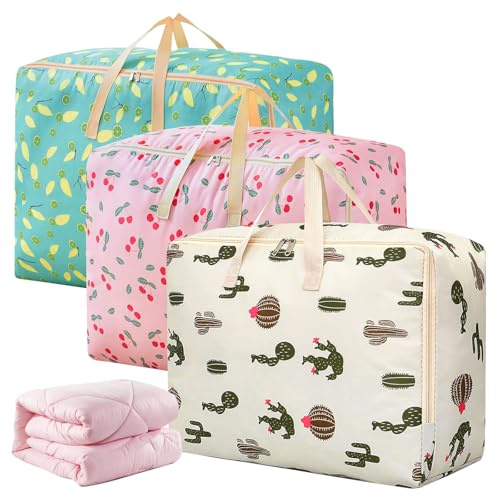 Vegena 3 bolsas de almacenamiento grandes de tela Oxford para edredones, almacenamiento de ropa, organización, bolsas de mudanza, bolsa de transporte con doble cremallera (60 x 50 x 28 cm)