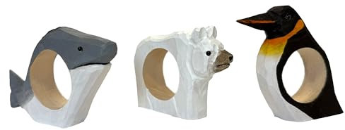 Servilleteros tallados a mano, diseño de animales Ballena, pingüino, oso polar Juego de 3 Madera, pintado a mano Versátil, base estable Aprox. 8 x 6 x 2 cm