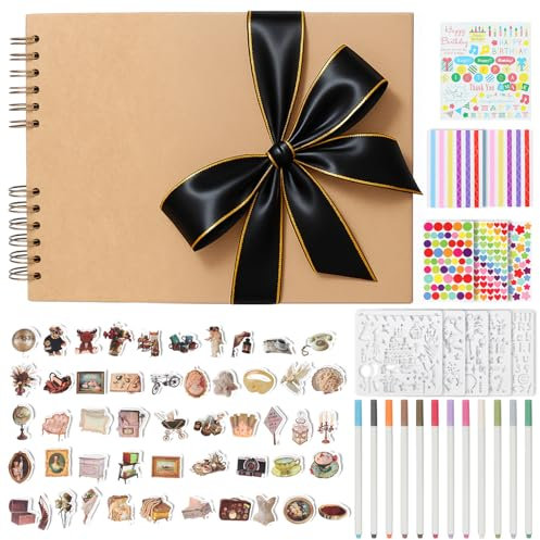 DazSpirit Album Fotografico Personalizzabile con Nastro Nero Bordato in Oro, 80 Pagine Nere, Album Fai Da Te con 12 Pennarelli Metallizzati e 11 Adesivi, Album Foto per Matrimoni e Compleanni (Cachi)