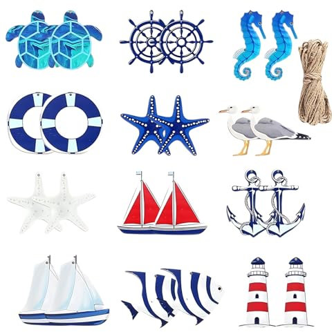 Set di 24 pezzi di rete da pesca, decorazione marittima, decorazione marittima, per bagno, stelle marine, barca, ancora, faro, palma di cocco, per mini rete da pesca, decorazione da parete