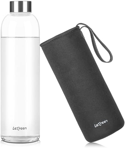 LETREEN Borraccia Vetro 1 Litro, Borraccia in Vetro Borosilicato con Custodia in Neoprene, senza BPA, a Prova di Perdite, Riutilizzabile per Bevande Calde e Fredde, Lavoro, Palestra, Casa