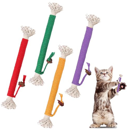 DAJING 4 Pcs Cat Teeth Cleaning Kitten Teething Chewing Toy Rope, Filled Natural Catnip, Stress Release, Cotton Rope Toy, Catnip Toys for Cats, Indoor Cats, Kittens (4 Colors)