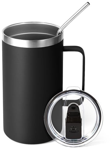 Volhoply 650 ml (22 oz) isolerad kaffemugg med lock och sugrör, resemuggar i rostfritt stål med handtag, läckageskyddad dubbelväggig kaffekopp för varma och kalla drycker (svart, 1 st)
