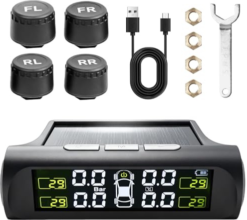 Behogan TPMS Sistema de control de presión de neumáticos solar: IPX7 Impermeable Monitorización de presión de neumáticos de alta precisión con 4 sensores digitales de presión de neumáticos y pantalla