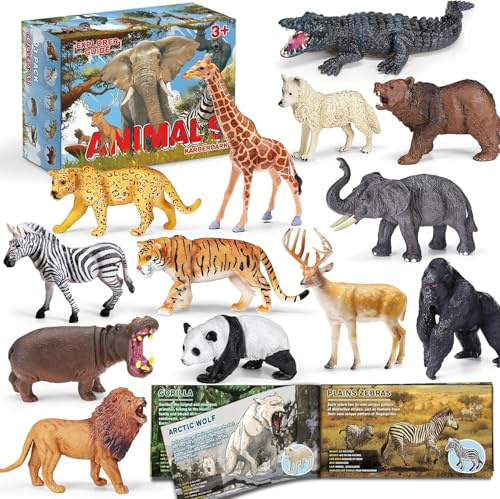 Confezione da 13 Giocattoli Animali Selvatici con Libretto Educativo e Scatola Regalo, Figure Realistiche di Animali Safari per Bambini, Figure in Plastica per Bambini 1–3 Anni, Regalo per Feste di Co
