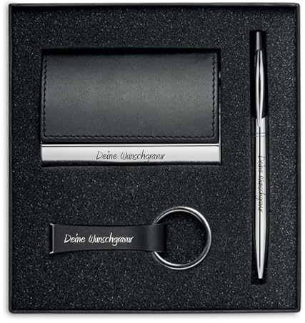 Visitenkartenetui Visitenkartenbox, Kugelschreiber und Schlüsselanhänger Set m. Gravur Kunst-Leder graviert Lasergravur inkl. Geschenkverpackung