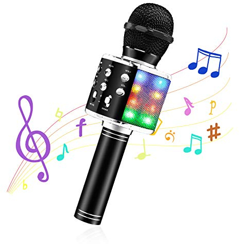 Drahtloses Bluetooth Karaoke Mikrofon für Kinder, Tragbarer 4-in-1 Karaoke Maschinenlautsprecher, Heim KTV Player mit Aufnahmefunktion, Kompatibel mit Android iOS und PC (Black)