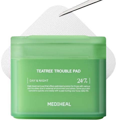Mediheal Teatree Trouble Pad Quadratische Gesichtsreinigungspads Aus Baumwolle Mit Teebaumöl Und Lactobacillus, Beruhigend Für Empfindliche Und Zu Akne Neigende Haut, 100 Stück, Grün