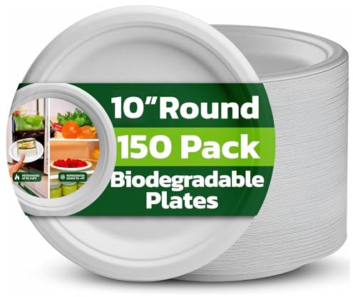 Strong Paper Plates 10 Inch 150 Pack, Heavy Duty Disposable Dinner Plates | Bagasse Plates for Hot Food, Microwave Safe, Compostable, Eco-Friendly, Biodegradable Plate, for Parties, Weddings, Picnics