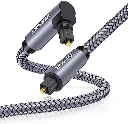 SOUNDFAM Optisches Audiokabel, 2 m, optisches Audiokabel, Toslink für Heimkino, Soundbar, TV [grau, Nylon, geflochten, 90°-Design]