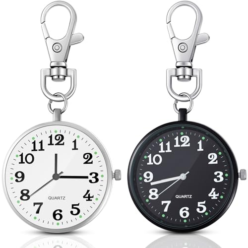 Junkin 2 Pieces Clip on Pocket Watch with Keychain, Nurse Watch with Key Buckle Unisex, Portable Hanging Digital Clip Fob