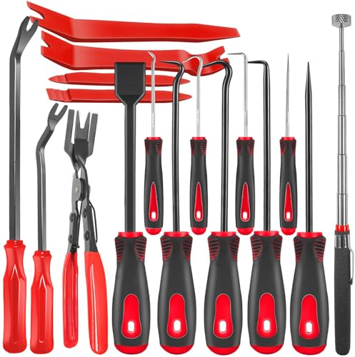 XBVV 17 pièces Jeu de pics et crochets de précision avec grattoir, pince à clip, extracteur de fermetures, kit télescopique magnétique. Outils pour entretien automobile, ameublement et électronique