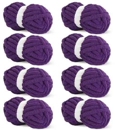 Hombys Dark Purple Chunky Chenille Yarn for Crocheting & Knitting, Super Bulky Thick Fluffy Yarn, 8 Jumbo Packs (27 yds, 8 oz Each Skein)
