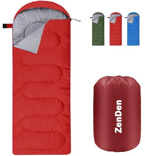 ZenDen Sac de couchage enveloppe avec capuche confortable, simple adulte, 3-4 saisons, extra chaud, double matelassé, 850 g, rembourrage isolé, résistant à l'eau, léger avec sac compact pour