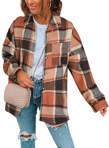 Zeagoo Womens Oversized Flannel Jackets Shirts Button Down Long Sleeve Shacket Blouse Fall Outfits 2025 Orange