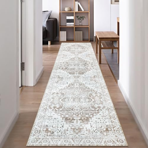 Famibay Hallway Runner Non Slip Runner Rugs for Hallway 60x300cm Extra Long Washable Beige Brown Vintage Kitchen Hall Carpet Floor Rugs for Entryways Bedroom Laundry