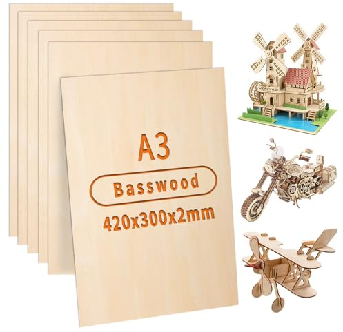 ddckj Compensato 2mm Pannelli Compensato A3 42 x 30 cm Legno Compensato di Tiglio 10 pezzi Adatto per Lavori Artigianali, Modellismo fai da te, Intaglio, Pittura, Progetti Laser e Incisione su Legno