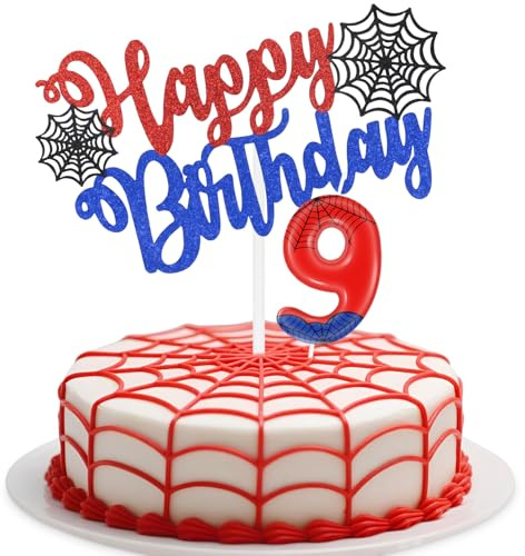 iNINGER Spider Themed Birthday Cake Decoration,Red Spider 9th Birthday Candles Cartoon Themed Number 9 Candle Decorations for Boys Girls Kids Party Supplie