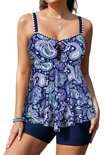 SHEKINI Women Tankini Set 2 Piece Plus Size Swimsuit | Swimwear with Boyshorts, Tummy Control Flowy Floral Print Bathing Suit, Removable Paddings, Adjustable Straps