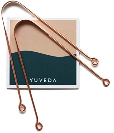 Zungenreiniger aus Kupfer | 2 Ayurveda Zungenschaber für Ayurveda-Ritual | erfolgreich Mundgeruch bekämpfen und beseitigen | Zungenbelag entfernen | inkl. Reisetasche – Yuveda