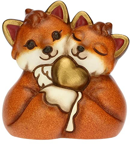 THUN, Bomboniera in Ceramica Decorata a Mano con Iconica Coppia Volpe e Cuore Dorato, Simbolo d'Amore, Linea Bomboniere, 4.7x3.5x5 cm h