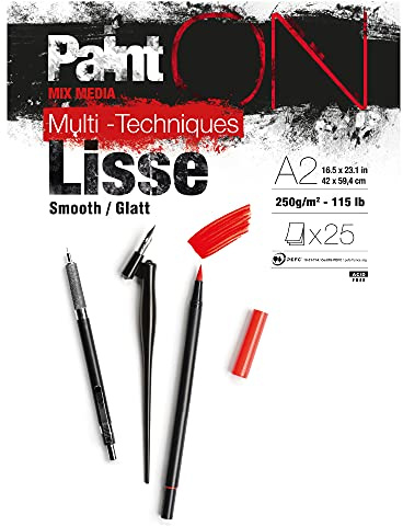Clairefontaine - Ref 975731C - Paint'On Multi-Technique Lisse Drawing Paper (25 Sheets) - A2 Size, 250gsm Paper, Acid Free - Suitable for Multiple Techniques