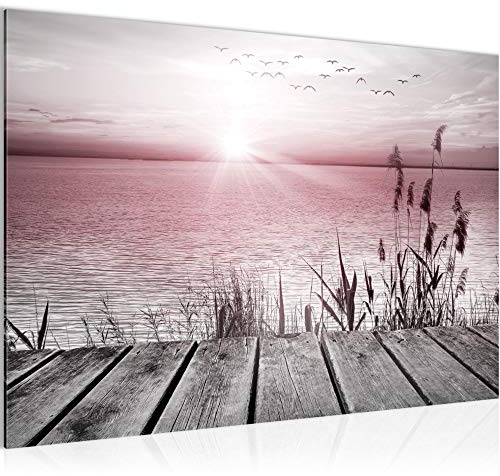 Runa Art Bild Brücke Am See Modern Wandbilder Wohnzimmer Schlafzimmer 1 Teilig - Made In Germany - Meer Grau Rosa Flur 034315b