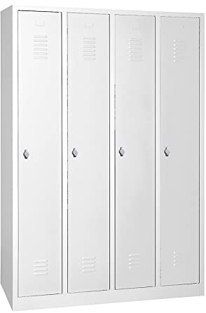 Schrank & Stuhl Spind – Metallspind mit 4 Abteilen, Schließfachschrank mit Hutboden, 30 cm Abteilbreite, Lieferung komplett montiert (Grau, mit Drehriegelverschlüssen)