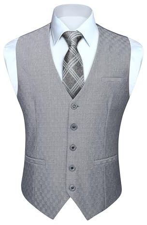 HISDERN Chalecos Gris para Hombre de Vestir Formal de Fiesta de Boda Chaleco Traje Hombre Elegantes Casual Clásico Negocio con Bolsillos 2XL