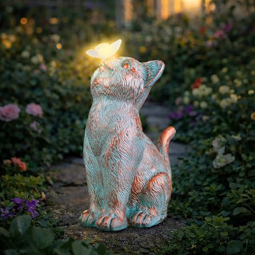 Garden Mile Solar Cat with Butterfly Ornament Outdoor Waterproof Resin Cat Statues Figurine Solar Powered Garden Decoration Animal Kitten Sculpture for Patio