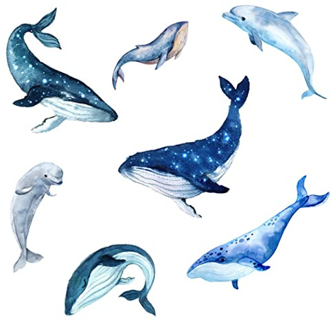 Jätte 5 uppsättningar blåval väggdekaler och 2 uppsättningar hoppande blå delfin väggklistermärken skala av och klistra fast tapet väggkonst väggdekor för barn tonåringar sovrum hem kontor sovsal fest