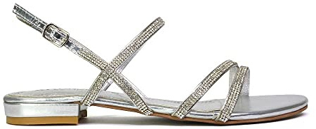ESSEX GLAM Womens Flat Summer Sandals Ladies Strappy Slingback Diamante Embellished Low Heel Sparkly Holiday Shoes