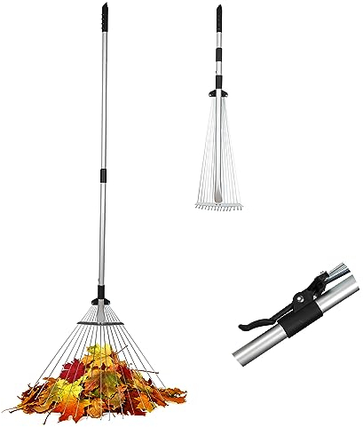 ORIENTOOLS Râteau de jardin télescopique - Tête de calcul réglable de 19 à 52 cm - Manche télescopique de 82 à 160 cm - Balai à feuilles avec 15 dents - Râteau à feuilles avec manche pour nettoyer les