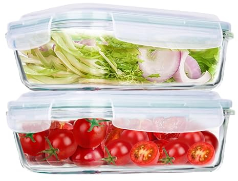 Luvan 1040ML Glass Container with Lid 2 Pack,Meal Prep Glass Food Storage Containers Glass Lunch Boxes with Snap Lock Leakproof Lids,Reusable Microwave safe BPA-free(1040ML)