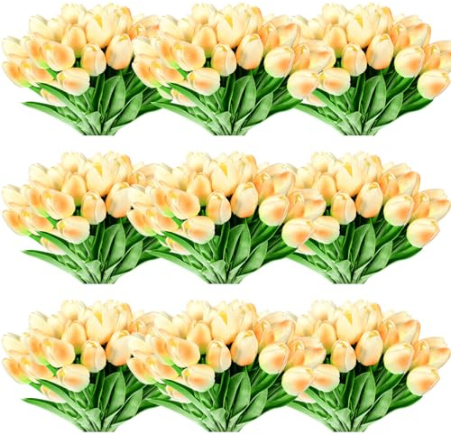Jexine 100 Pcs Artificial Real Tulips Fake Artificial Tulip Flower Bulk Bouquet with Stem for Table Centerpieces Wedding Bridal Easter Mother's Day Garden Home Decor, 13.4''(Light Champagne)